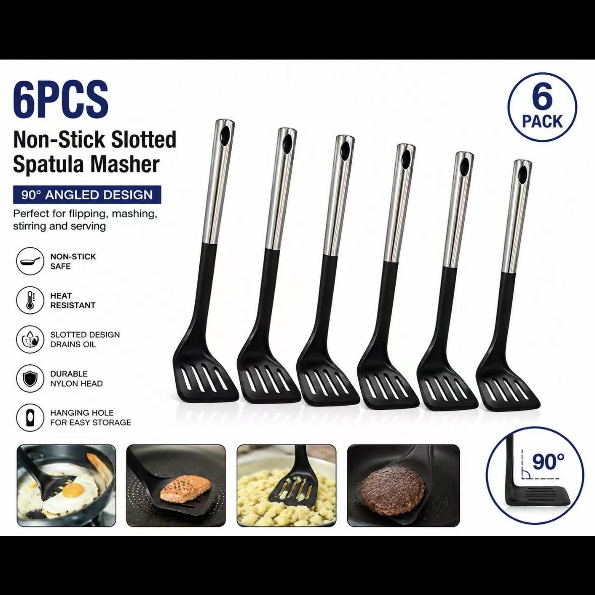 6PK Non Stick Slotted Spatula Masher 90 Degree Nylon Turner Kitchen Utensil