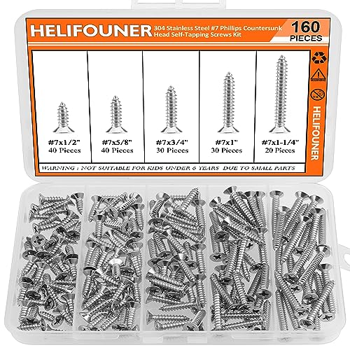 #7 x 1/2" 5/8" 3/4" 1" 1-1/4" Wood Screws Set, HELIFOUNER 160 Pieces Phillips Countersunk Head Self-Tapping Screws Assortment Kit, Phillips Flat Head Wood Screws, 304 Stainless Steel - size: #7