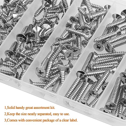 #8 x 1/2" 5/8" 3/4" 1" 1-1/4" Wood Screws Set, HELIFOUNER 140 Pieces Phillips Countersunk Head Self-Tapping Screws Assortment Kit, Phillips Flat Head Wood Screws, 304 Stainless Steel - size: #8