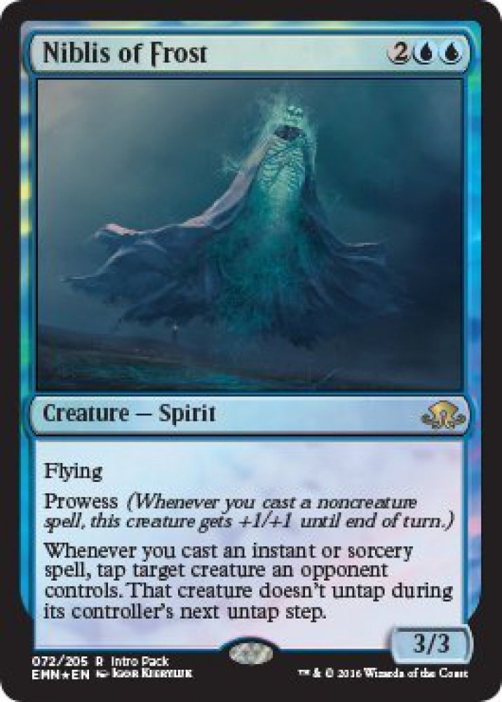 Magic the Gathering: MTG Eldritch Moon: Intro Pack/Theme Deck: Dangerous Knowledge (Includes 2 Booster Packs & Alternate Art Premium Rare Promo) Blue/Red - Niblis of Frost