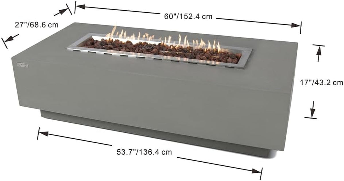 Granville 60 x 27-Inch Concrete Outdoor Fire Pit Table with Lava Rocks
