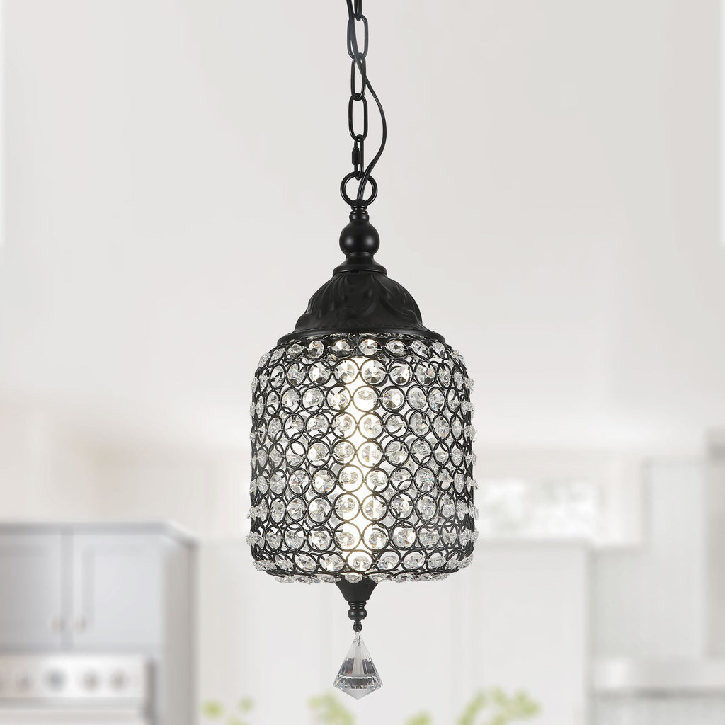 1 - Light Black/Chrome Cylinder Crystal LED Pendant Light, 7.3" Dining Room Light Fixtures Kitchen Island Light
