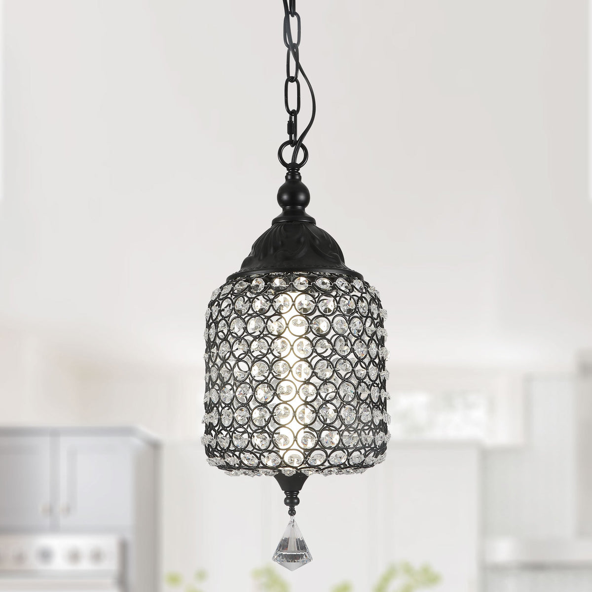 1 - Light Black/Chrome Cylinder Crystal LED Pendant Light, 7.3" Dining Room Light Fixtures Kitchen Island Light