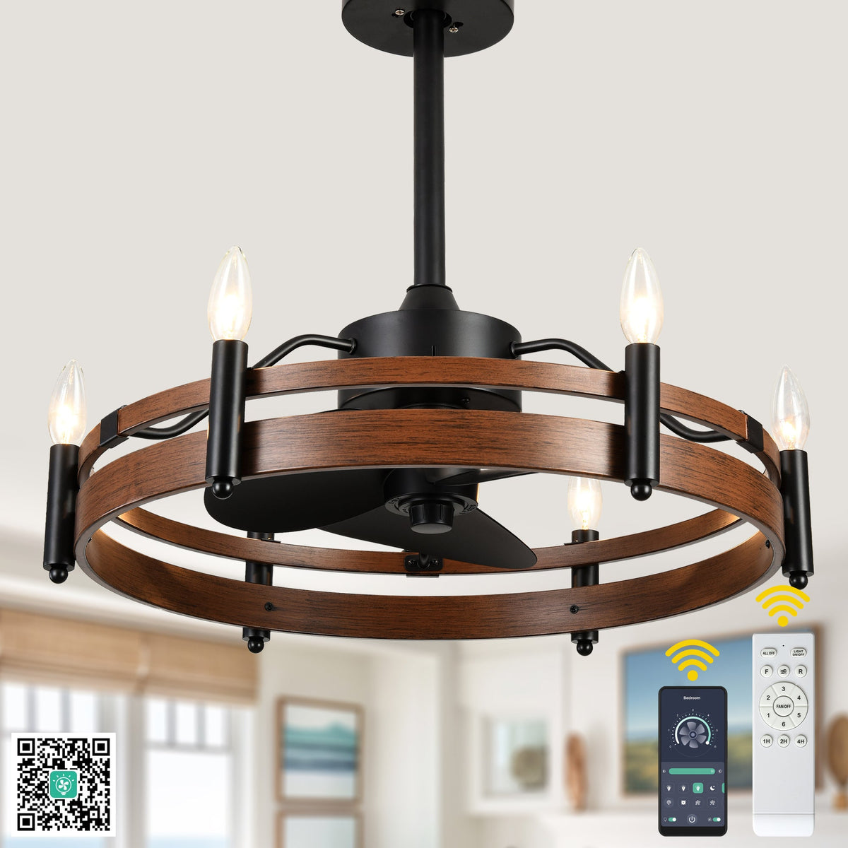 24 Inch Black Farmhouse Wagon Wheel Ceiling Fan with Lights and Remote, 6 Speeds DC Motor Reversible Bladeless Fandelier Ceiling Fan