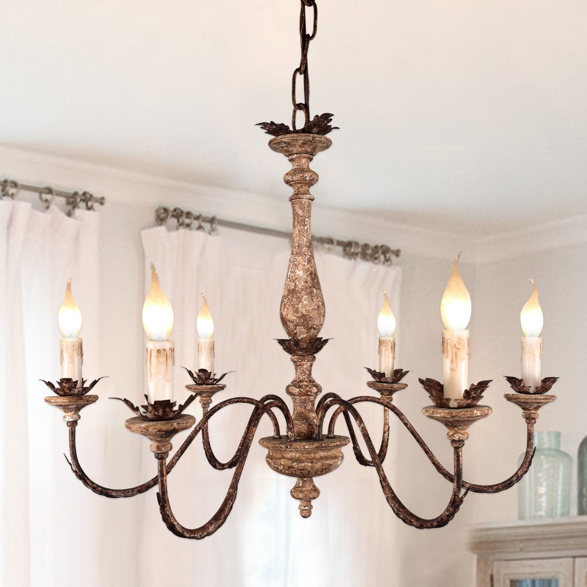 6-Light French Country Wood Chandelier, Rustic Bronze Pendant Lighting, Adjustable Chain Farmhouse Chandelier for Dining Room, Living Room, Foyer