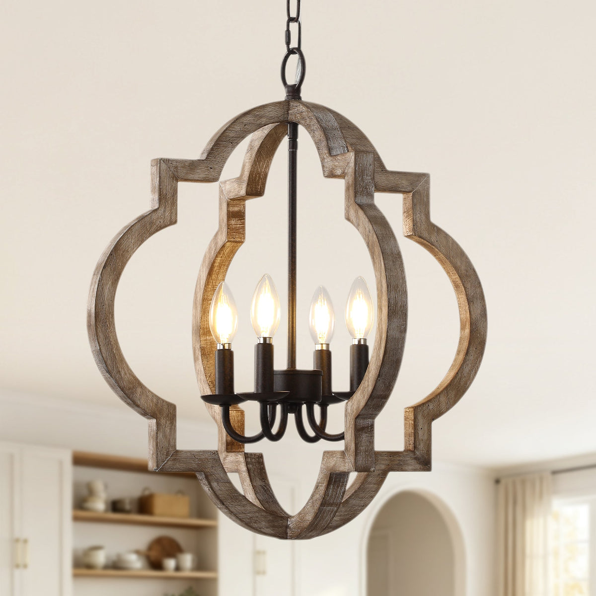 Vintage Farmhouse 22 Inch Chandelier Adjustable Height 4 Light Caged Chandelier Retro Handmade Wooden Pendant Light Suit for Living Rooms, Bedrooms, Kitchens