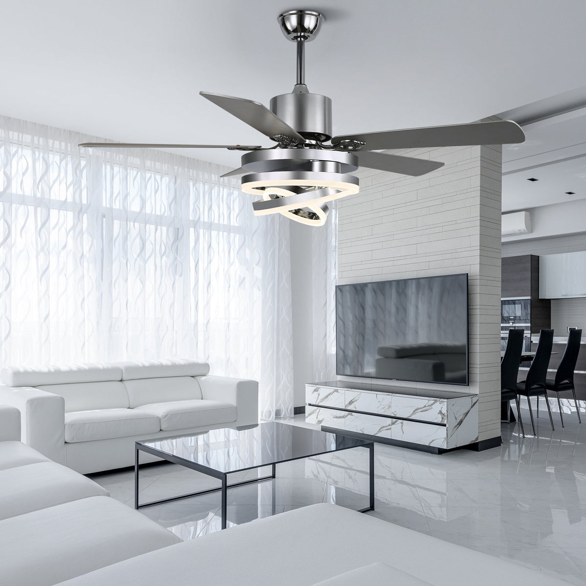 52 Inch Modern Ceiling Fan with LED Light and Remote Control, 6 Speeds DC Motor Reversible Ceiling Fan with DIY Shade