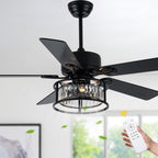 52 Inch Modern Glam Crystal Ceiling Fan with Lights and Remote, 6 Speeds DC Motor Black Reversible Ceiling Fan with Crystal Cage