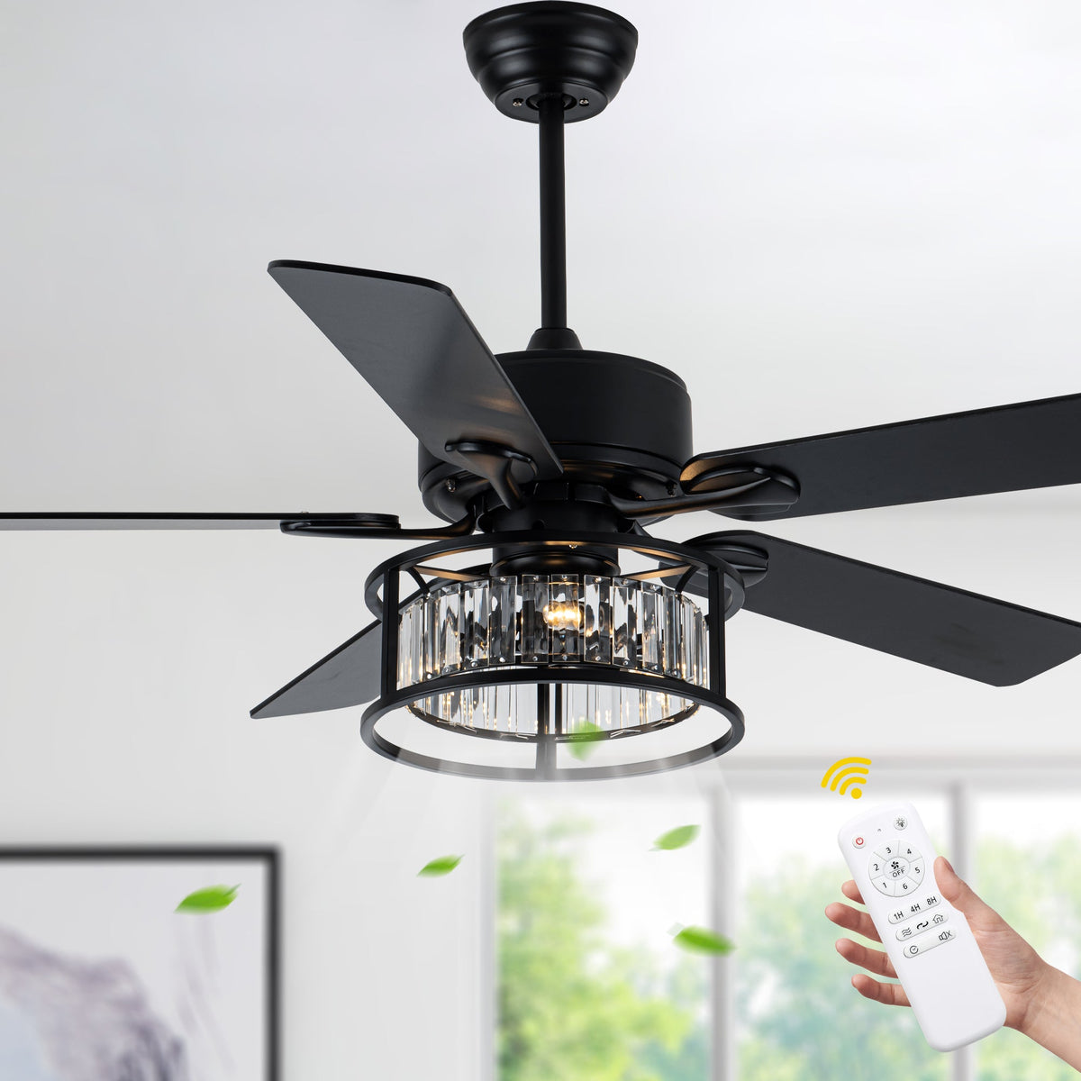 52 Inch Modern Glam Crystal Ceiling Fan with Lights and Remote, 6 Speeds DC Motor Black Reversible Ceiling Fan with Crystal Cage