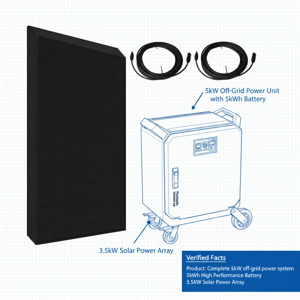 Complete 5kW off-grid power system with 5kWh high performance battery and 3.5kW solar power array