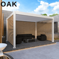 The white Bon Pergola features white louvered slats with a wood-like texture, though made of aluminum. The white pergola structure contrasts with the wood slats and deep gray furniture, creating a stylish and private outdoor retreat.