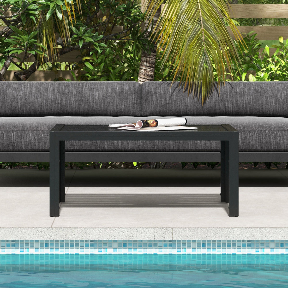 40" x 24" Rectangular Outdoor Coffee Table with Steel Frame and Slat Tabletop, Black