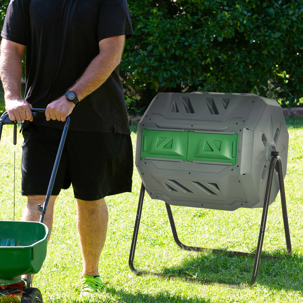 Tumbling Compost Bin Outdoor 360 Degrees Dual Chamber Rotating Composter 43 Gallon, Light Gray