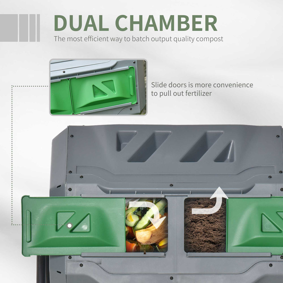 Tumbling Compost Bin Outdoor 360 Degrees Dual Chamber Rotating Composter 43 Gallon, Light Gray