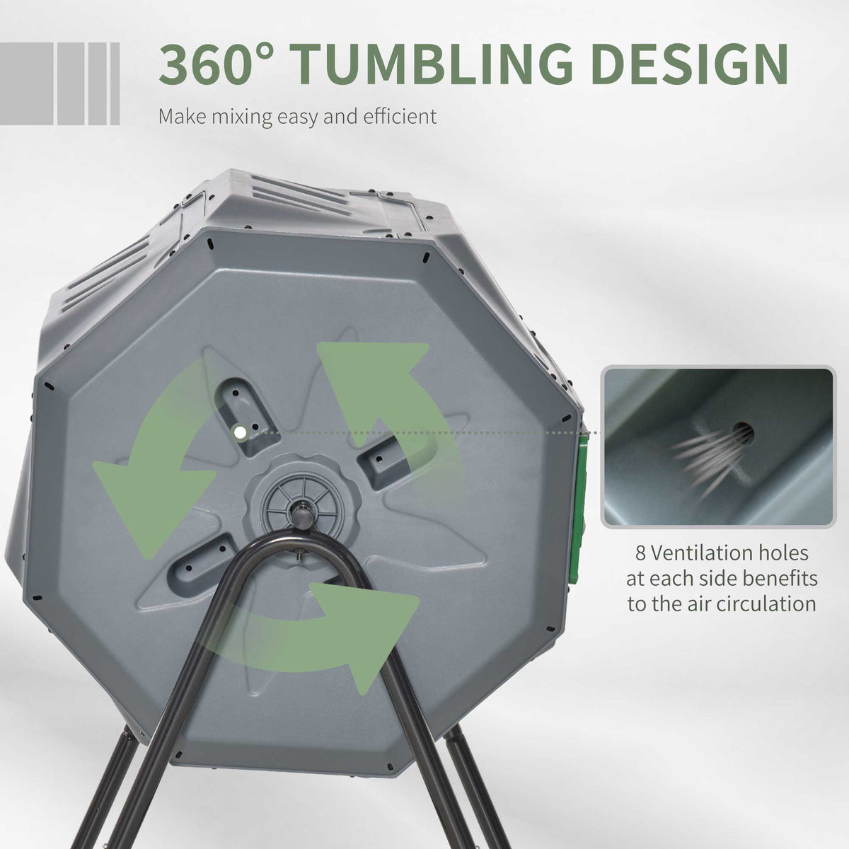 Tumbling Compost Bin Outdoor 360 Degrees Dual Chamber Rotating Composter 43 Gallon, Light Gray