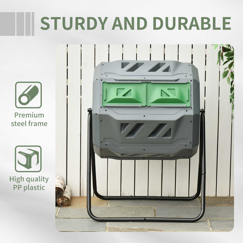 Tumbling Compost Bin Outdoor 360 Degrees Dual Chamber Rotating Composter 43 Gallon, Light Gray