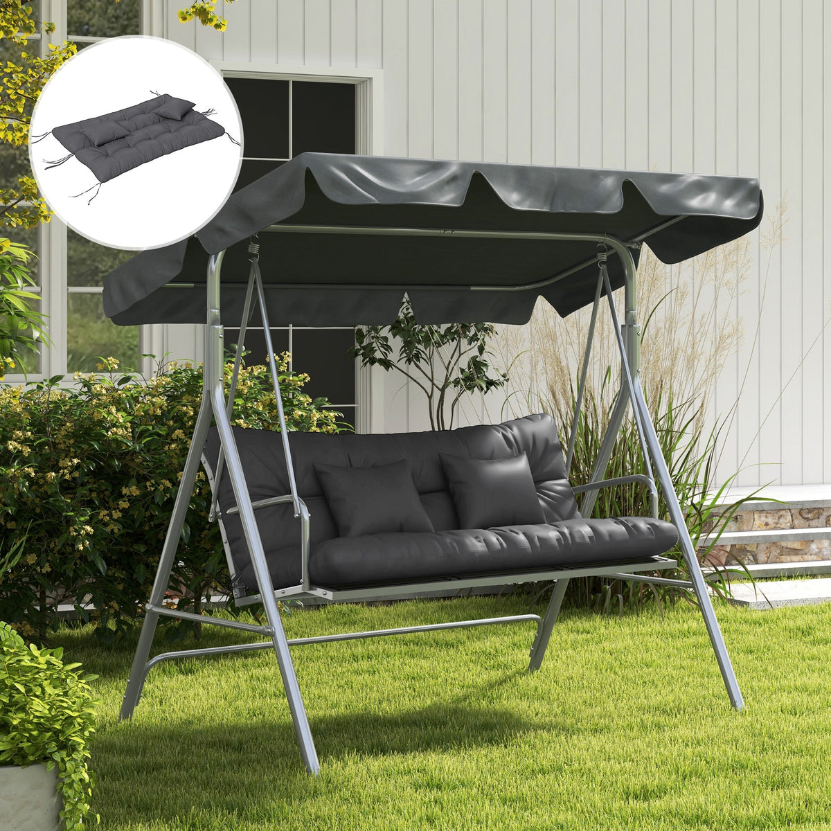 59" Tufted Bench Cushions, Seat Pad, Back Pillows, Outdoor Furniture, Charcoal