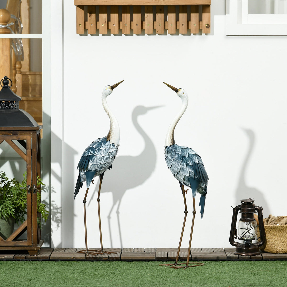 28.5" & 29" Set of 2 Metal Crane Garden Sculptures, Blue Yard Art