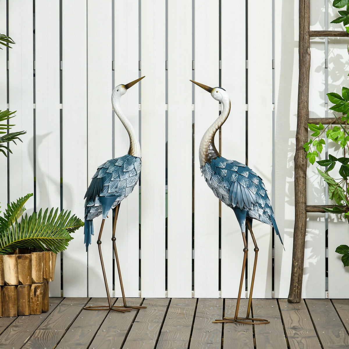 28.5" & 29" Set of 2 Metal Crane Garden Sculptures, Blue Yard Art