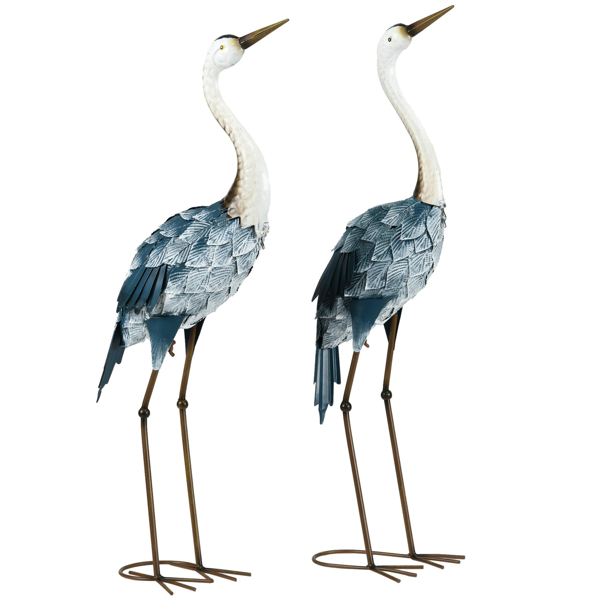 28.5" & 29" Set of 2 Metal Crane Garden Sculptures, Blue Yard Art