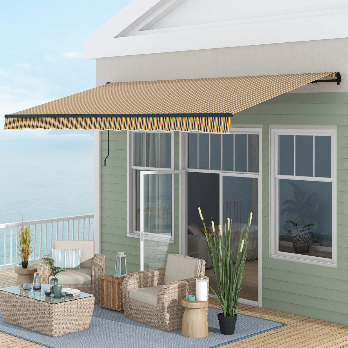 15' x 10' Retractable Awning with Manual Crank, 280gsm UV Resistant Fabric and Aluminum Frame, Amber/Grey