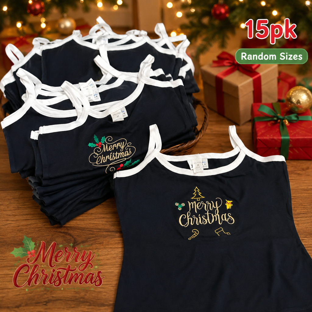 15PK Christmas Singlets Women’s Cotton Cami Tops Merry Xmas Random Sizes Bulk