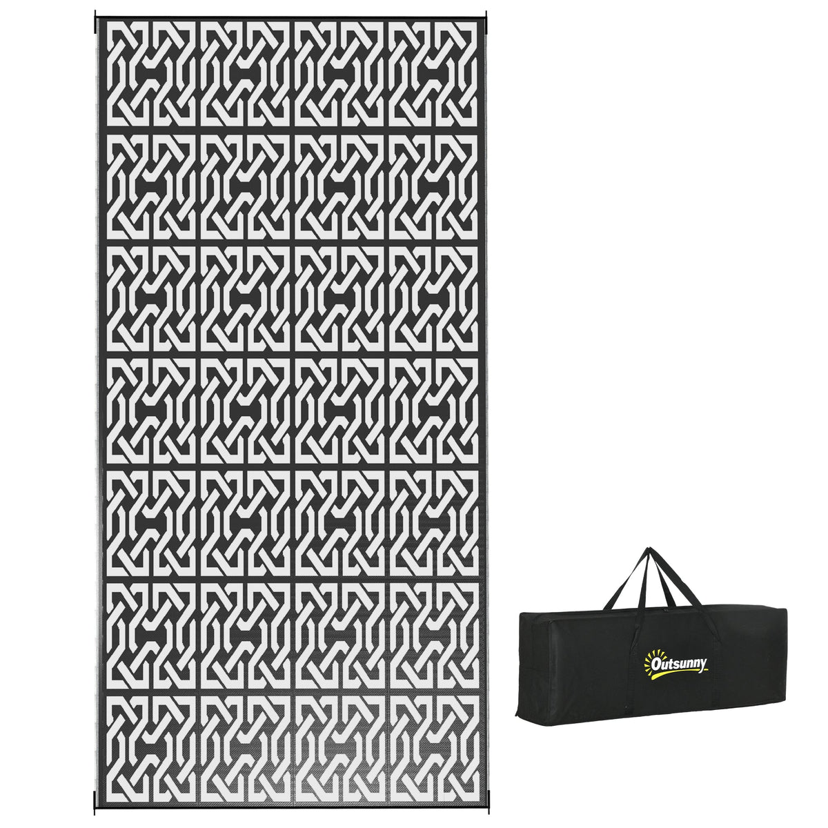 Portable Outdoor Rug with Carry Bag, 9' x 18' Reversible Mat, Waterproof Plastic Straw RV Rug for Backyard, Deck, Picnic, Beach, Camping, Black and White Chain