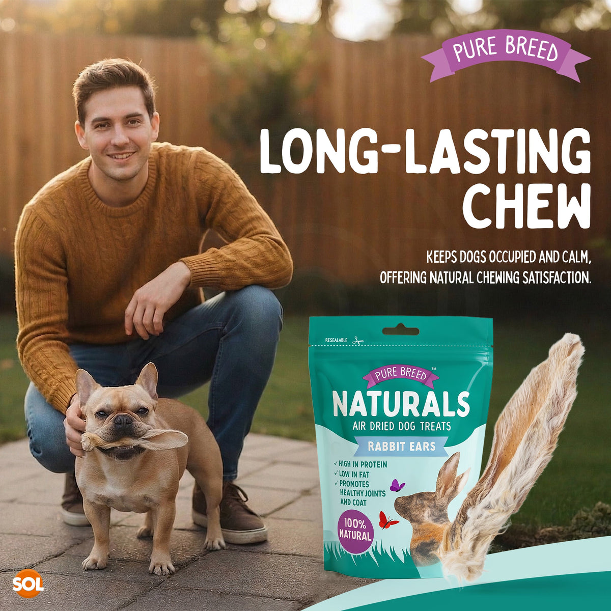 Pure Breed Rabbit Ears with Fur for Dogs – 300g (6 × 50g Bags) 100% Natural Air-Dried Chews Long-Lasting Snacks Grain-Free Single Ingredient Low Calories Rabbits Ears with Fur For Dogs Happy Pooch