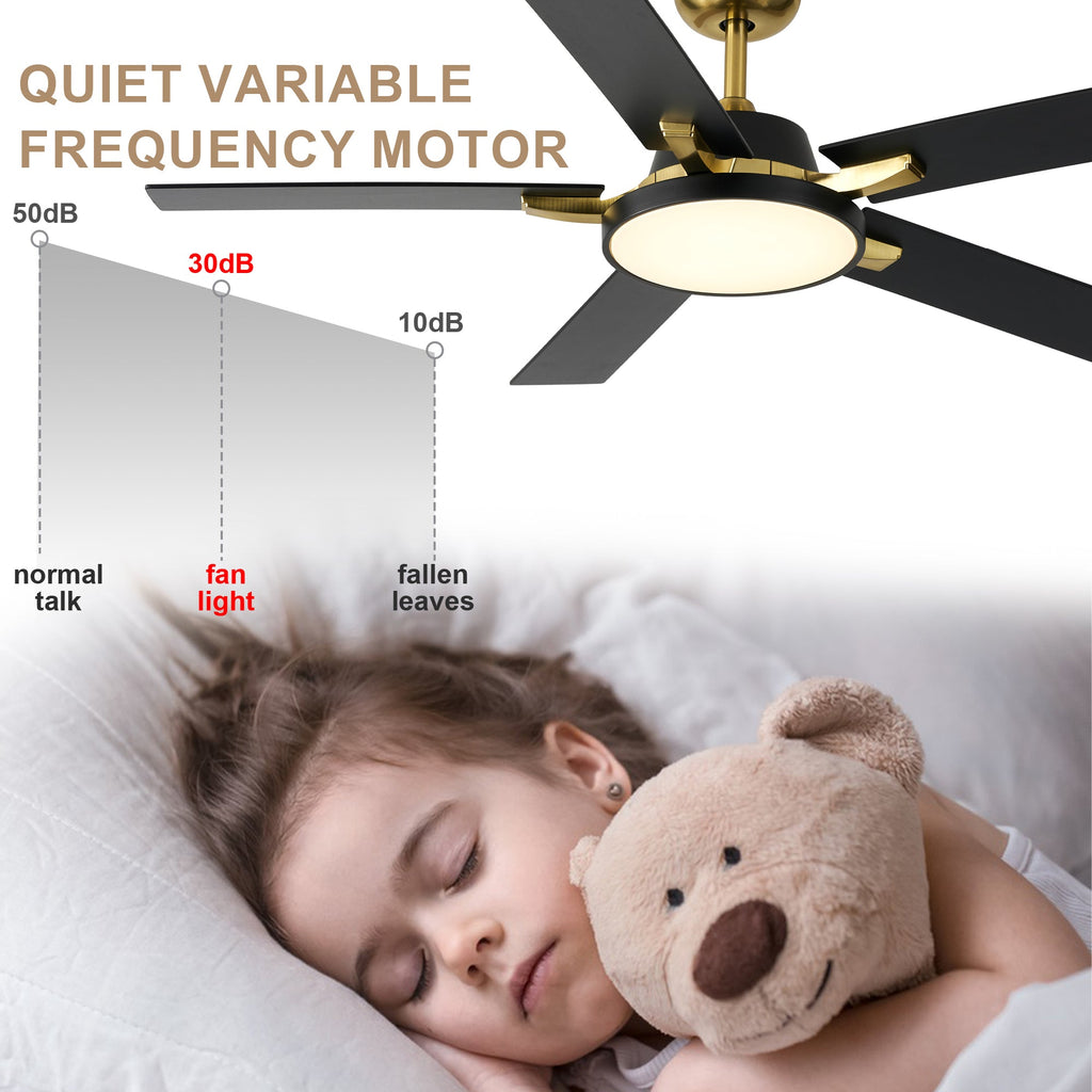 52 Inches Black and Gold Modern Ceiling Fan with LED Lights, 6 Speeds DC Motor Indoor Ceiling Fan for Large Room