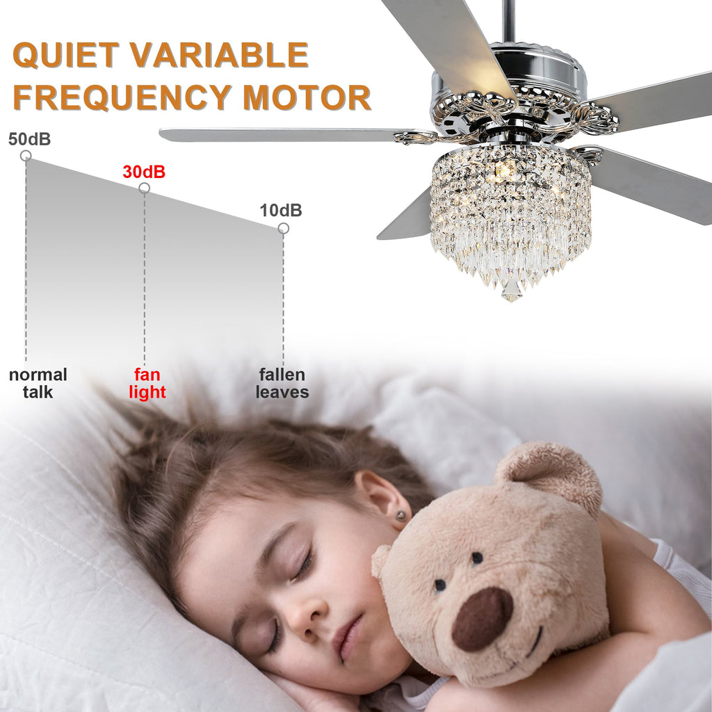 52 Inch Chrome Glam Crystal Ceiling Fan with Lights and Remote, 6 Speeds DC Motor Reversible Chandelier Ceiling Fan with Crystals
