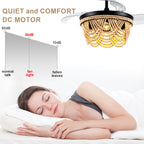42 Inch Black Boho Retractable Ceiling Fan with Lights and Remote, 6 Speeds DC Motor Bladeless Fandelier Ceiling Fan with Wood Beaded Shade