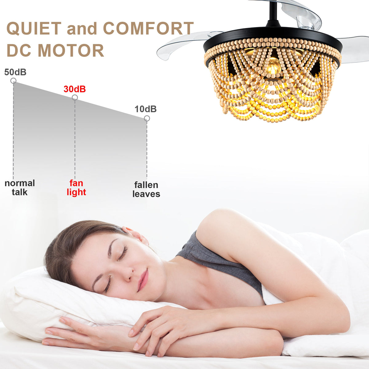42 Inch Black Boho Retractable Ceiling Fan with Lights and Remote, 6 Speeds DC Motor Bladeless Fandelier Ceiling Fan with Wood Beaded Shade