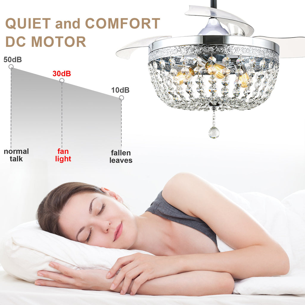 42 Inch Chrome Modern Glam Crystal Retractable Ceiling Fan with Lights and Remote Control, 6 Speeds DC Motor Fandelier Ceiling Fan