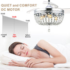42 Inch Chrome Modern Glam Crystal Retractable Ceiling Fan with Lights and Remote Control, 6 Speeds DC Motor Fandelier Ceiling Fan