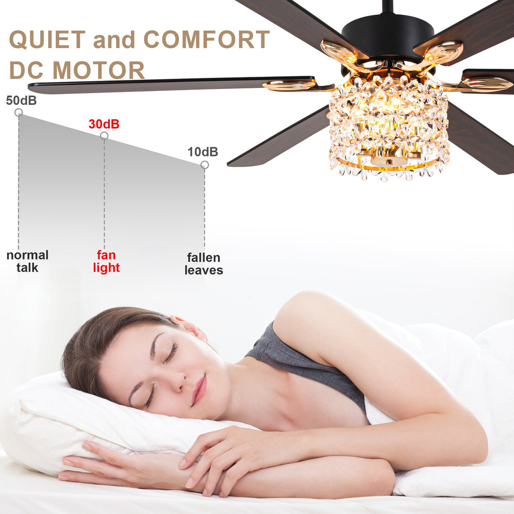 65 Inch Modern Glam Crystal Ceiling Fan with Lights and Remote Control,6 Speeds DC Motor  Black/Chrome Large Ceiling Fan with Crystals