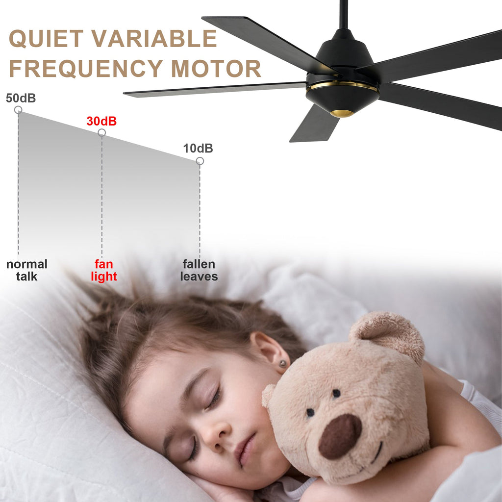 52 Inch Black Modern Ceiling Fan with Remote Control, 6 Speeds DC Motor 5-Blade Reversible Ceiling Fan for Living Room