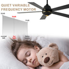 52 Inch Black Modern Ceiling Fan with Remote Control, 6 Speeds DC Motor 5-Blade Reversible Ceiling Fan for Living Room