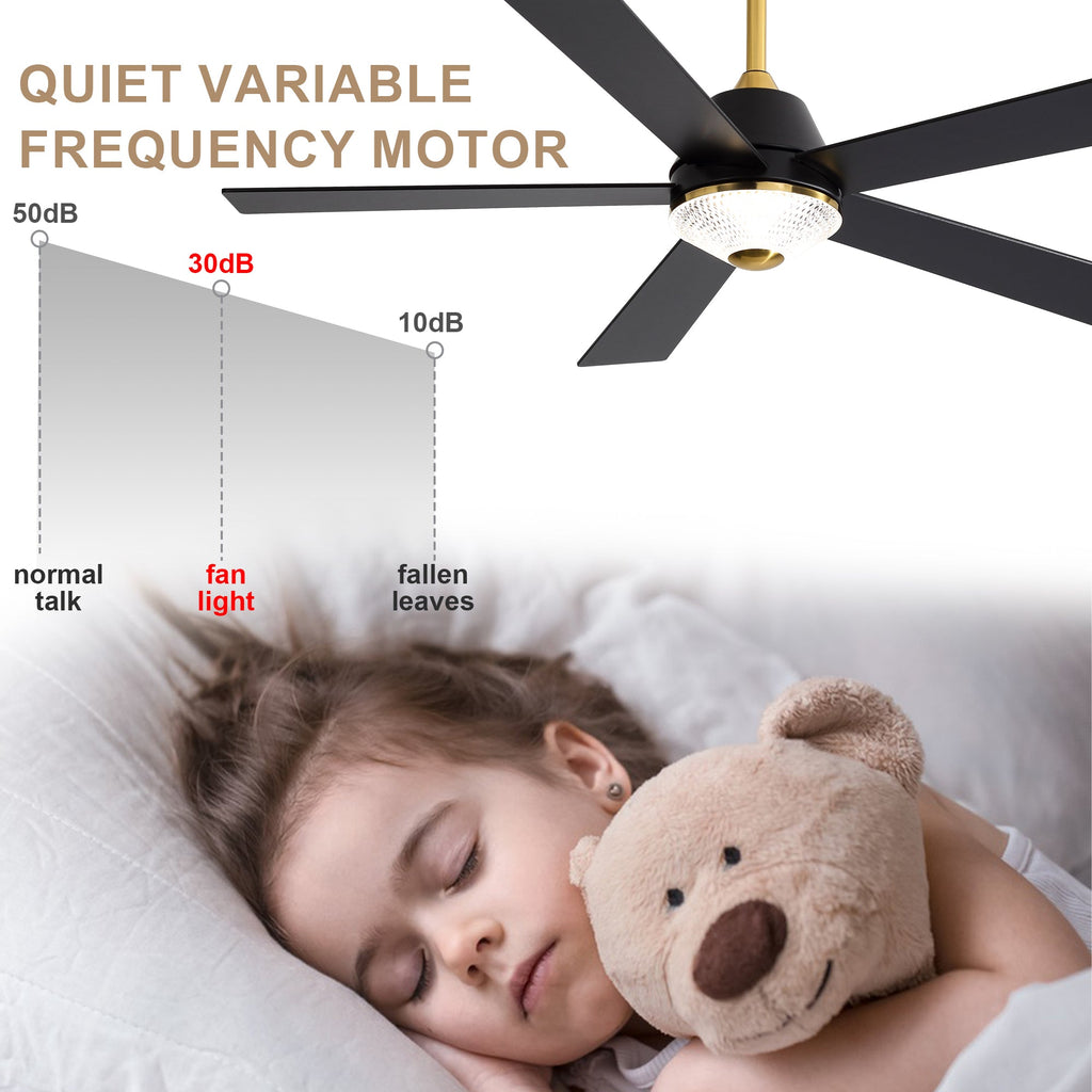 52 Inch Black and Gold Modern Ceiling Fan with LED Light and Remote Control, 6 Speeds DC Motor 5-Blade Reversible Ceiling Fan for Living Room