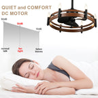24 Inch Black Farmhouse Wagon Wheel Ceiling Fan with Lights and Remote, 6 Speeds DC Motor Reversible Bladeless Fandelier Ceiling Fan