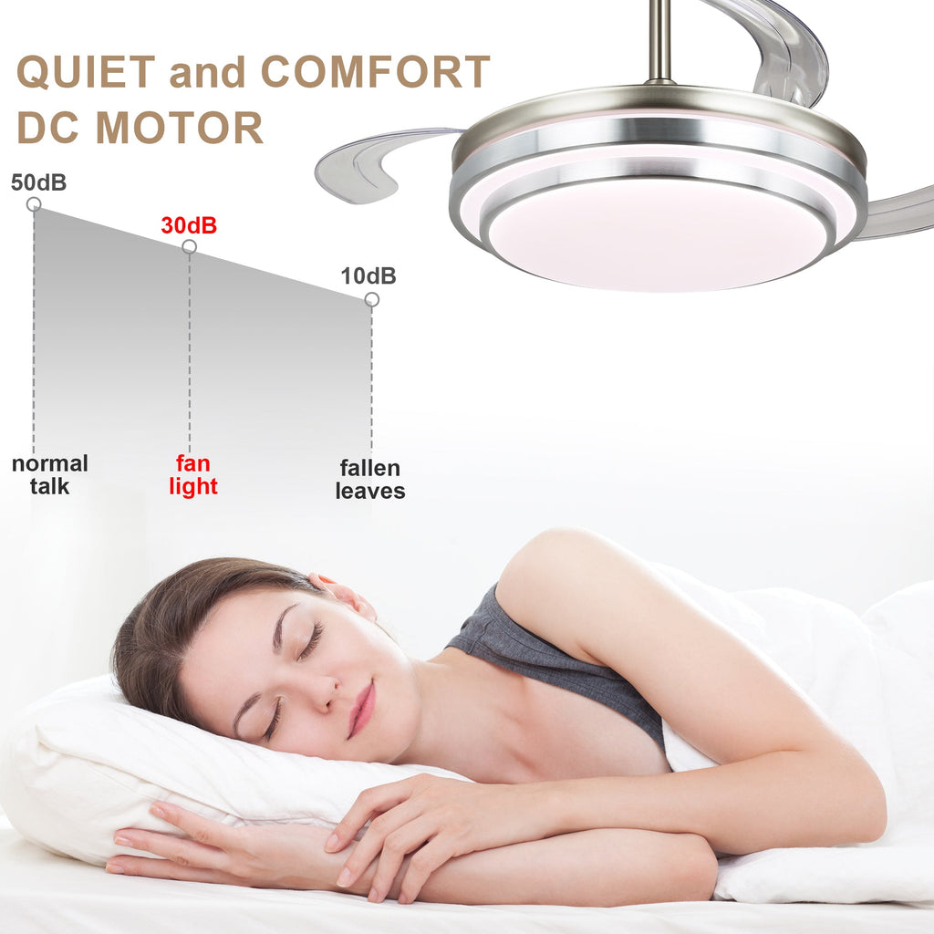 42 Inch Chrome Modern Retractable Ceiling Fan with Dimmable LED Light and Remote, 6 Speeds DC Motor Reversible Fandelier Ceiling Fan