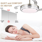 42 Inch Chrome Modern Retractable Ceiling Fan with Dimmable LED Light and Remote, 6 Speeds DC Motor Reversible Fandelier Ceiling Fan