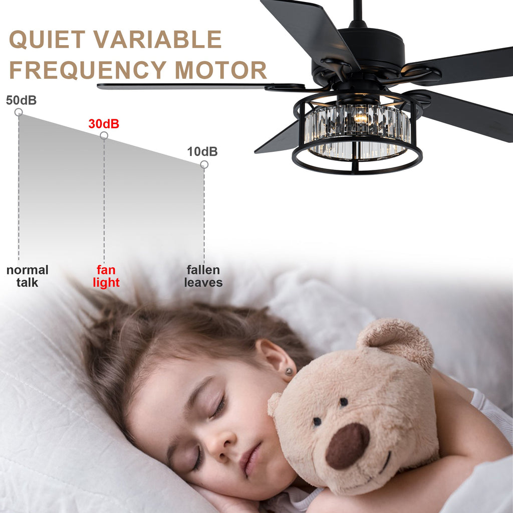 52 Inch Modern Glam Crystal Ceiling Fan with Lights and Remote, 6 Speeds DC Motor Black Reversible Ceiling Fan with Crystal Cage