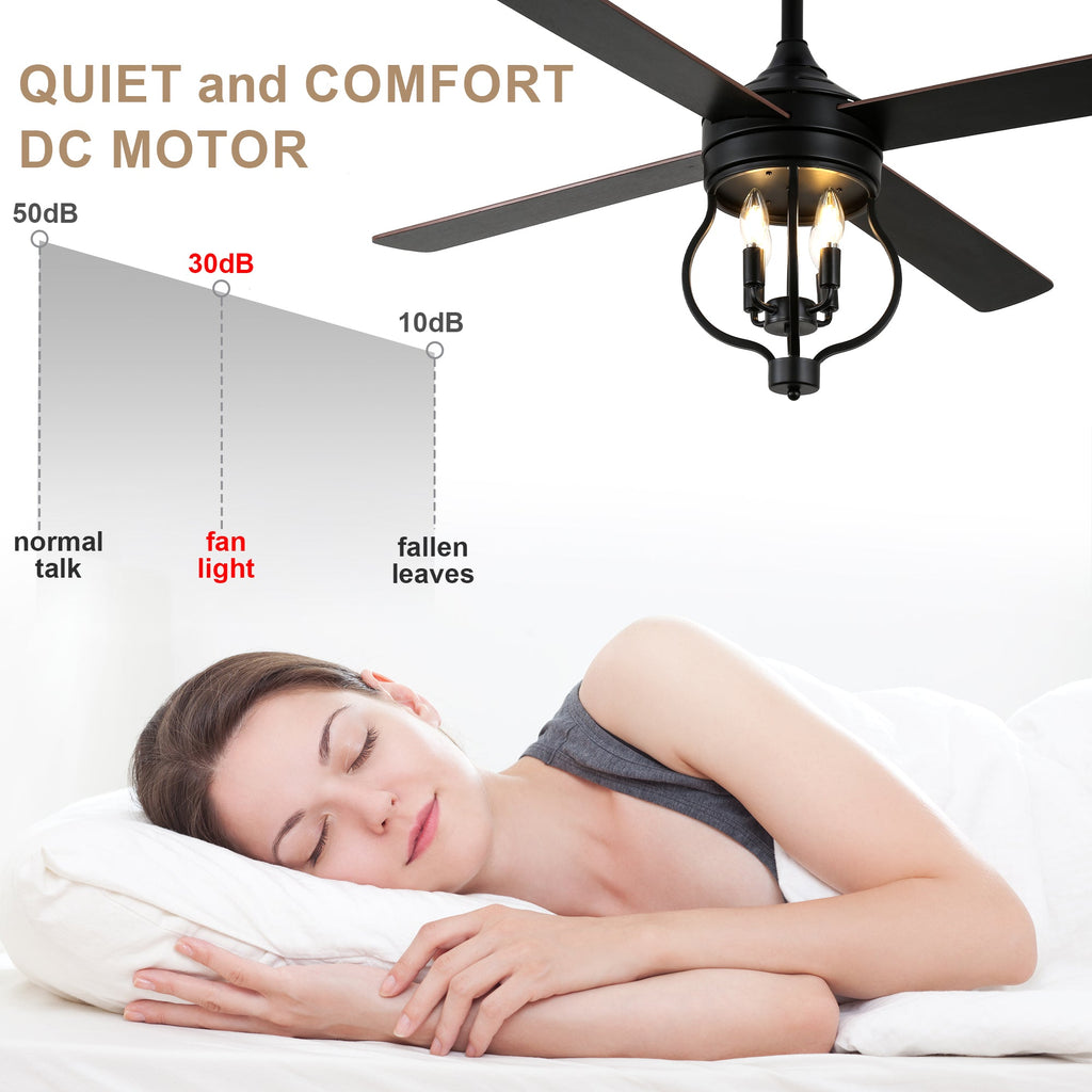 52 Inch Black Classic Ceiling Fan with Lights and Remote Control, 6 Speeds 4-Blade DC Motor Reversible Ceiling Fan for Living Room
