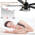 52 Inch Industrial Metal Caged Ceiling Fan with Lights and Remote Control, Silent DC Motor Fan for All Seasons