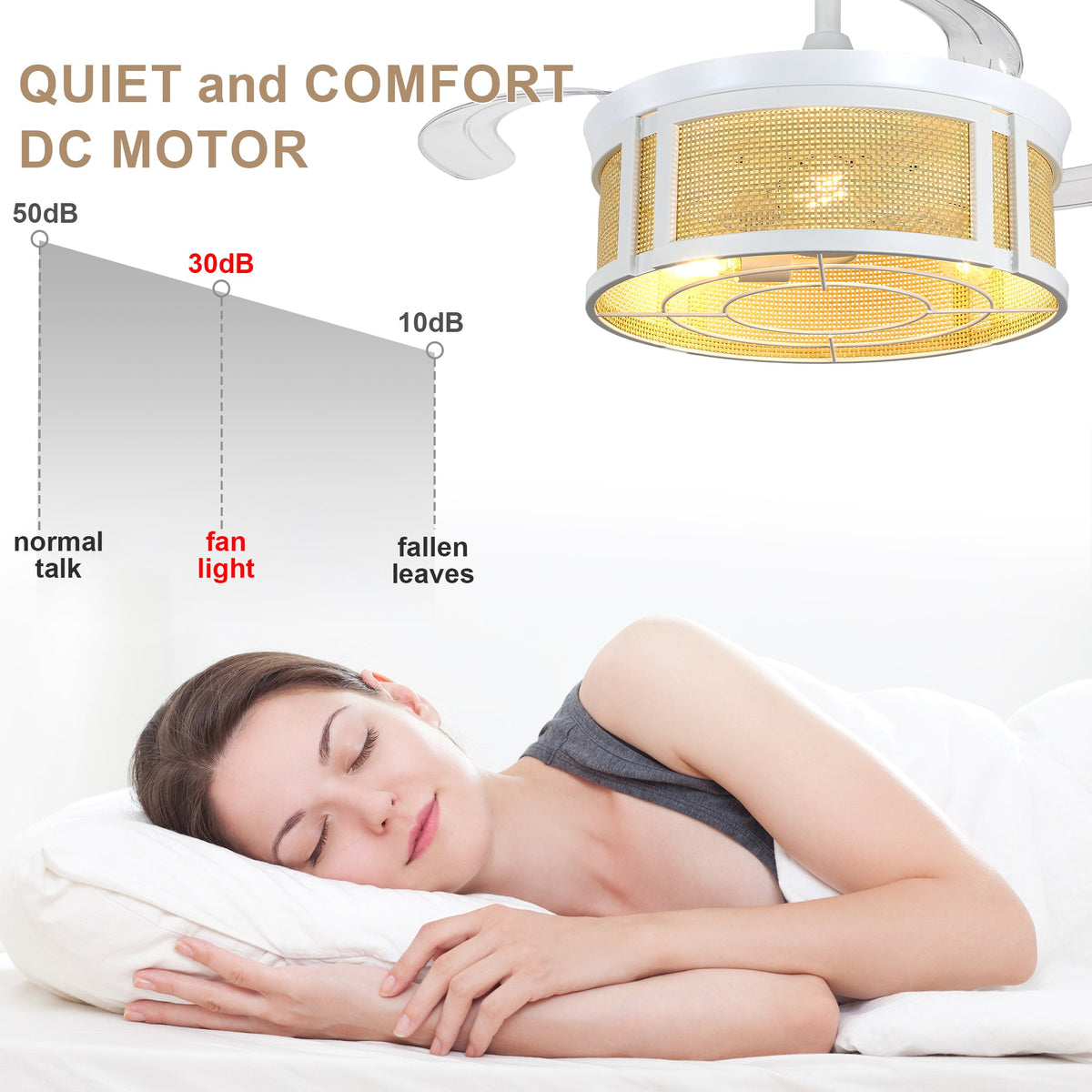 42 Inch White Rattan Retractable Ceiling Fan with Lights and Remote, 6 Speeds DC Motor Bladeless Fandelier Ceiling Fan for Bedroom