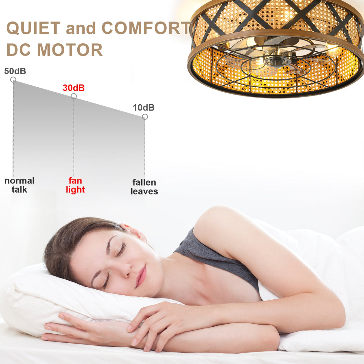 23 Inch Boho Rattan Flush Mount Ceiling Fan with Lights and Remote, 6 Speeds DC Motor Farmhouse Low Profile Bladeless Ceiling Fan