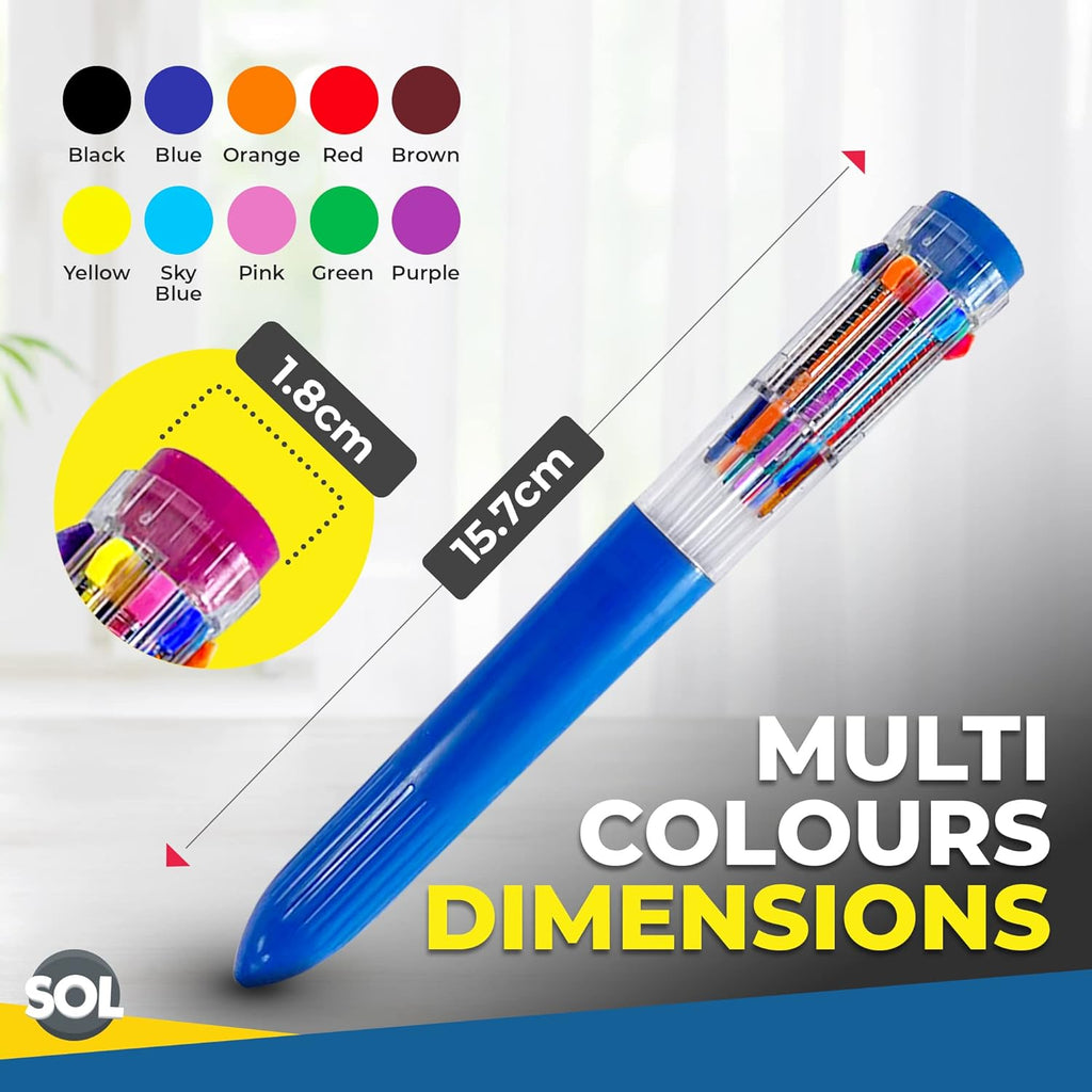 Jumbo 10-in-1 Multi Colour Pens | Retractable Ballpoint | 12 Pack