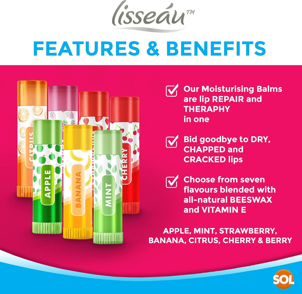 SOL 7pk Womens Lip Balm Set Flavoured Moisturiser for with Beeswax & Vitamin E - Fruit Lipbalm for Girls and Teens, Moisturising Balms Multipack Sticks for Dry and Chapped Lips for Daily Use & Gifting