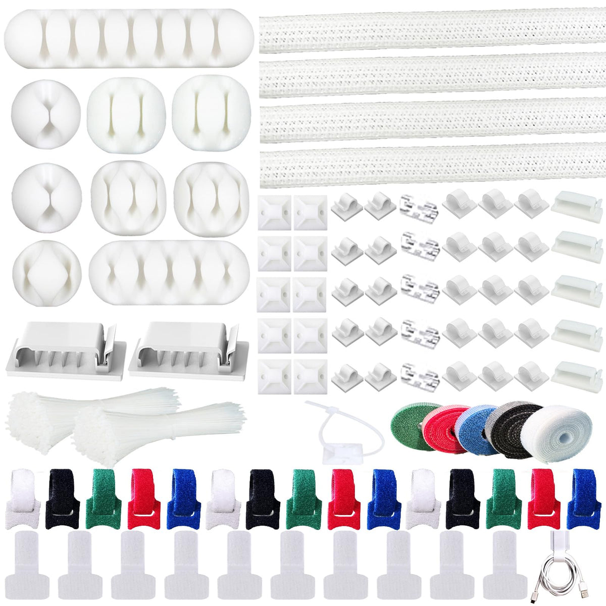 ELII 300PCS White Cable Management Kit,4 Cable Sleeve 35 Cable Clips - color: White