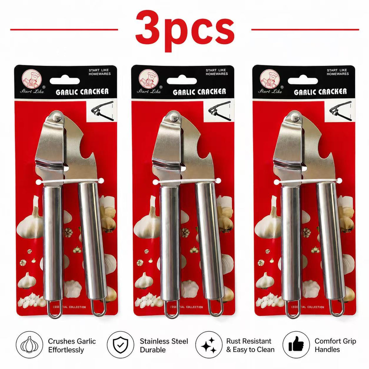 3PCS Stainless Steel Garlic Cracker Garlic Press Crusher Mincer Kitchen Tool Easy Grip